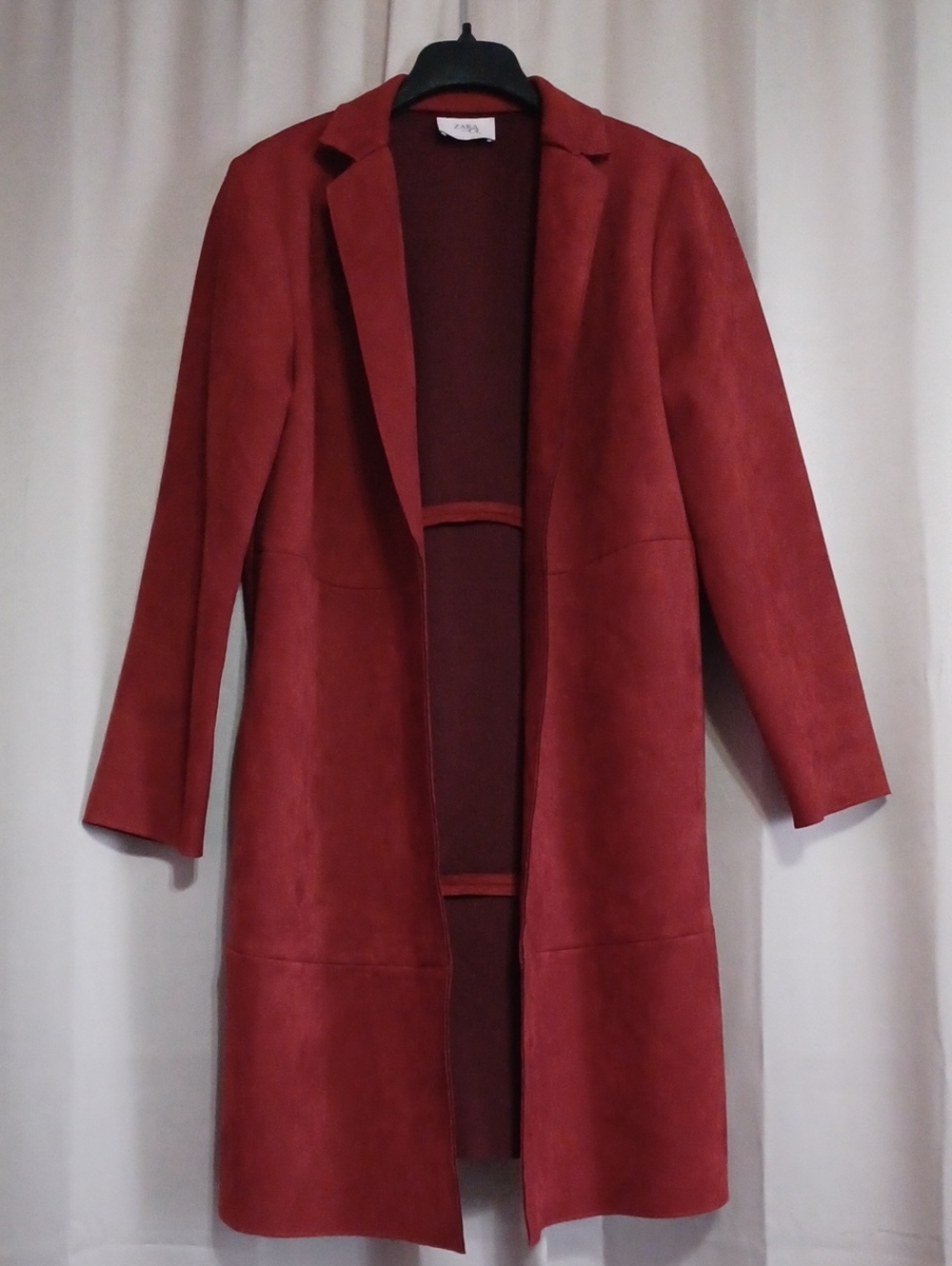 Zara Faux Suede Long Open Front Duster Coat Brick Red Pockets Size Large
